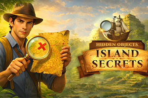 Abenteurer mit Hut hält eine Schatzkarte und Lupe vor tropischer Inselkulisse mit dem Schriftzug „Hidden Objects: Island Secrets