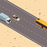 Highway Rush Isometrische Darstellung einer Wüstenstraße mit einem Bus, einem LKW und einem Auto