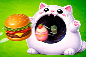 Niedliche weiße Katze mit großem offenem Maul, die einen Burger und einen Cupcake vor grünem Hintergrund zeigt