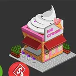 Isometrisches Design eines Eisdiele-Gebäudes mit einem großen Eiscreme-Schild auf dem Dach, umgeben von Spiel-Symbolen