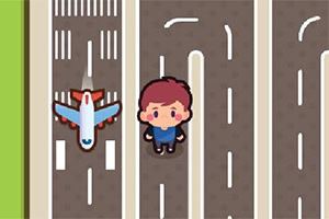 Zeichentrickfigur und Spielzeugflugzeug auf farbigen Straßen