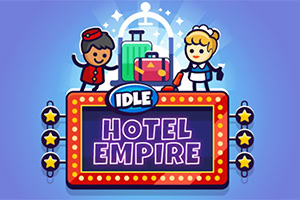 Zeichentrickfigur eines männlichen und weiblichen Hotelangestellten auf einem bunten Schild mit der Beschriftung „IDLE Hotel Empire“