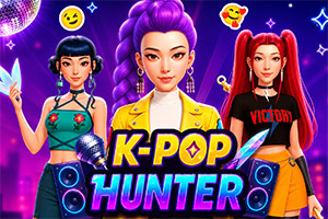 Drei stilisierte K-Pop-Heldinnen vor neonfarbenem Hintergrund mit großem „K-POP HUNTER-Schriftzug und Lautsprechern