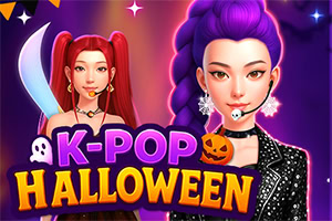 Zwei stilisierte K-Pop-Figuren in Halloween-Optik vor violettem Neonhintergrund mit Geistern, Kürbis und großem „K-POP HALLOWEEN-Schriftzug