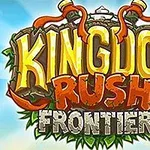 Logo des Spiels Kingdom Rush Frontiers mit lebhaften Farben und fantasievollem Schriftzug auf einem himmlischen Hintergrund