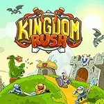 Buntes Artwork zum Spiel Kingdom Rush mit einer Burg, Rittern und magischen Kreaturen in einer Cartoon-Landschaft