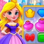 Prinzessin-Cartoon neben einem 3-Gewinnt-Puzzlespiel mit Juwelen und Kronen