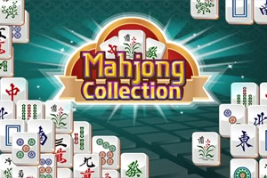 Mahjong-Steine mit chinesischen Schriftzeichen und Symbolen umgeben ein leuchtendes „Mahjong Collection-Logo vor grünem Hintergrund