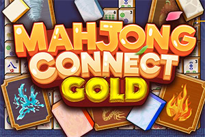 Goldener Schriftzug „MAHJONG CONNECT GOLD vor gestapelten Mahjong-Steinen und Spielkarten mit Feuer- und Eiskristallmotiven