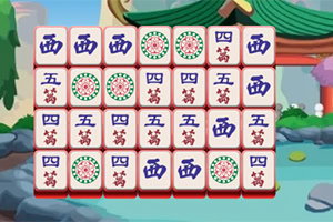 Mahjong-Spiel mit chinesischen Zeichen und farbenfrohen Mustern vor asiatischer Tempellandschaft