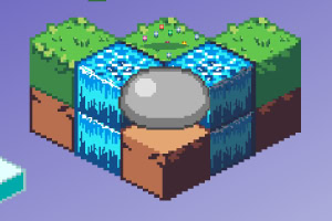 Pixel-Art-Wasserfall mit Teich und Bäumen in isometrischer Ansicht