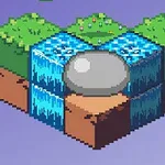 Pixel-Art-Wasserfall mit Teich und Bäumen in isometrischer Ansicht