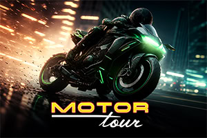 Futuristisches schwarzes Motorrad mit grün leuchtenden Akzenten rast durch eine nächtliche Stadt mit Funken und Lichtspuren, darunter der Schriftzug „MOTOR tour