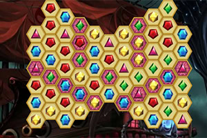 Buntes Puzzlespiel mit sechseckigen Juwelen in Herzform auf dunklem thematischen Hintergrund