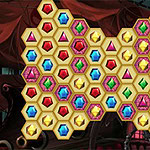 Mysterious Pirate Jewels 3 Buntes Puzzlespiel mit sechseckigen Juwelen in Herzform auf dunklem thematischen Hintergrund