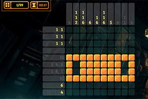 Bildschirmfoto eines Nonogramm- oder Picross-Puzzlespiels mit Zahlenrätseln und einem Teil gelöster orangefarbener Kacheln
