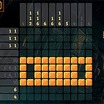 Bildschirmfoto eines Nonogramm- oder Picross-Puzzlespiels mit Zahlenrätseln und einem Teil gelöster orangefarbener Kacheln