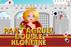 Blonde Königin mit Krone vor einer grauen Schlosskulisse, umgeben von fliegenden Spielkarten
