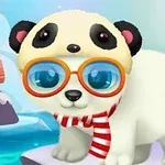 Niedlicher Panda mit Brille und gestreiftem Schal im Cartoon-Stil vor winterlichem Hintergrund