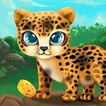 Niedlicher animierter Leopard mit großen blauen Augen steht in einer Waldlandschaft