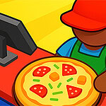 Eine stilisierte Zeichnung zeigt eine Person mit roter Mütze und Schürze, die eine Pizza neben einer Registrierkasse serviert