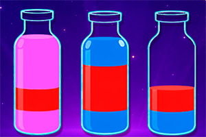 Drei leuchtende Glasflaschen mit unterschiedlich gefüllten pinken, roten und blauen Flüssigkeitsschichten vor violettem Hintergrund