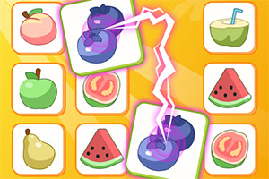 Buntes Raster mit Obstkarten, darunter Äpfel, Wassermelonen, Pfirsiche, Birnen und Kokosnüsse, mit leuchtendem Blitz zwischen zwei lila Beerenkarten