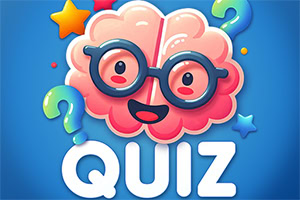 Buntes Cartoon-Gehirn mit Brille, Fragezeichen und großem Schriftzug „QUIZ auf blauem Hintergrund