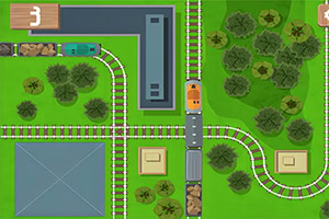 Top-down-Ansicht eines Modellzug-Layouts mit zwei Zügen und Schienen, umgeben von Bäumen und Landschaftsgestaltung