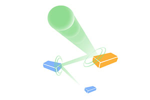 Minimalistische 3D-Grafik mit einem grünen Laserstrahl, der zwischen kleinen blauen und orangefarbenen Quadern auf weißem Hintergrund verläuft