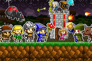 Pixelgrafik mit verschiedenen Fantasy-Charakteren vor einem Turm bei Nacht