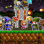 Retro Defenders: Towers' War Pixelgrafik mit verschiedenen Fantasy-Charakteren vor einem Turm bei Nacht