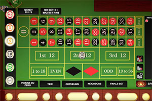 Ein grüner Tisch mit einer Roulette-Setzfläche mit nummerierten und farbigen Feldern und verschiedenen Setzoptionen