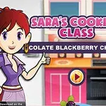 Animierte Kochspielgrafik mit einer rothaarigen Figur in Saras Cooking Class vor einer Küchenkulisse