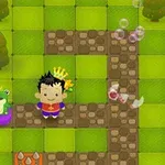 Königlicher Charakter und Frosch in einem Videospiel mit einem rasterbasierten grünen Garten und Bäumen