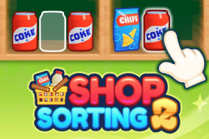 Buntes Grafikdesign für ein Spiel namens Shop Sorting 2, mit Symbolen von Getränkedosen, Chips und einem Einkaufskorb