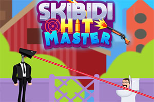 Mann mit Zylinder zielt in einem Cartoon-Spiel Skibidi Hit Master mit einer Laserwaffe