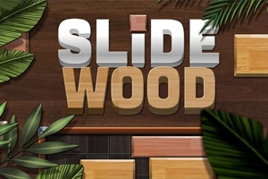 „SLIDE WOOD-Schriftzug auf dunklem Holzhintergrund, umgeben von grünen Blättern und verschiebbaren Holzblöcken