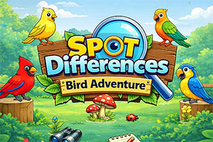 Bunte Illustration mit vier Vögeln um ein Holzschild mit Lupe und dem Schriftzug „Spot Differences – Bird Adventure in einer Waldlichtung