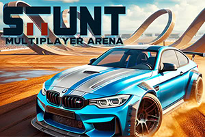 Türkiser Sportwagen auf einer sonnigen Stunt-Rennstrecke mit Loopings und großer „STUNT-Schrift im Hintergrund