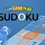 Sudoku-Spielbrett mit Zahlen und Logo Fun Game Play Sudoku auf blauem Hintergrund