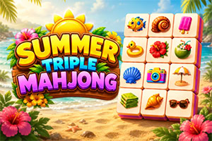 Buntes Sommer-Mahjong-Logo mit tropischen Blumen, Strandkulisse und Spielsteinen mit Früchten, Muscheln und Sonnenbrille