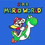 Super Mario und Yoshi auf blauem Hintergrund in Super Mario World Logo