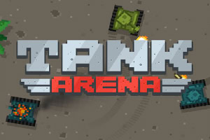 Pixelart-Stil Grafik von Tank Arena mit verschiedenen Panzern und Explosionen auf grauem Untergrund