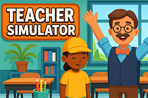 Fröhlicher Lehrer im Klassenzimmer winkt neben einem Kind mit gelber Kappe und dem Schriftzug „Teacher Simulator