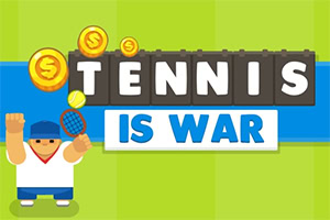 Ein Cartoon-Tennisspieler hält einen Schläger in der Hand, umgeben von Münzen, mit dem Text TENNIS IS WAR in der Mitte