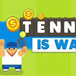 Ein Cartoon-Tennisspieler hält einen Schläger in der Hand, umgeben von Münzen, mit dem Text TENNIS IS WAR in der Mitte