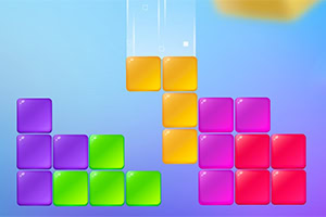 Buntes Tetris-Spiel mit lila, grünen, gelben und roten Blöcken auf farbigem Hintergrund