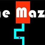 The Maze Game Schwarzer Hintergrund mit dem Text The Maze in Weiß, einem roten Rechteck und einem blauen Labyrinth-Design