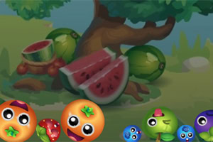 Zeichnung von Wassermelonen und kawaii Früchten unter einem Baum